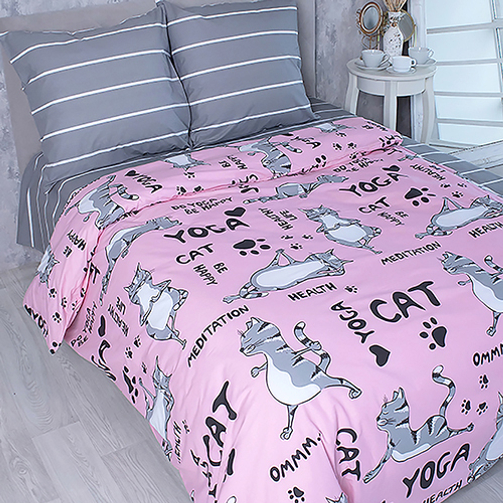 Комплект постельного белья Традиция 1,5 спальный, поплин, Йога Кошки розовый