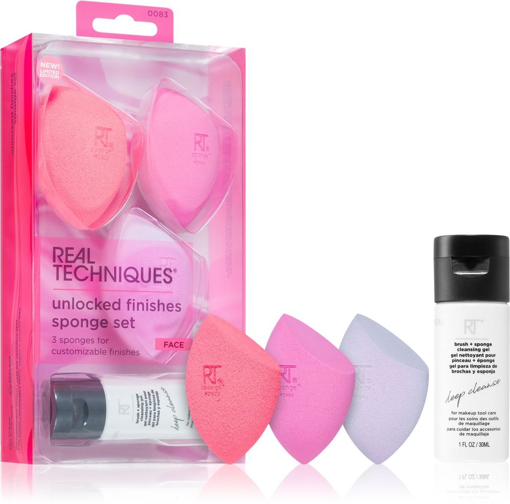 Real Techniques Miracle Complexion precise makeup sponge for shine + Miracle Airblend precise makeup sponge with matt effect + Miracle Powder powder puff + Deep Cleanse cleansing gel for cosmetic brushes 30 мл Berry Pop