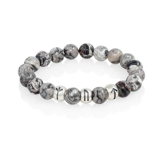 Браслет Защита и сила из натуральной серой яшмы с рунами Альгиз, Уруз и Тейваз из серебра 925, вид 1