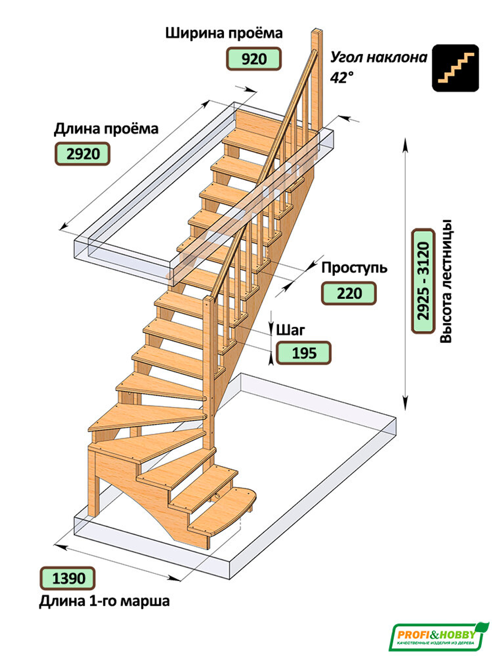 Лестница на второй этаж К-001м/3 Правая c подступенками