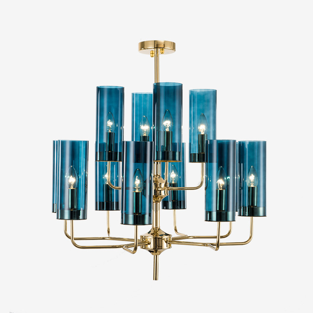 Chandelier  Brass & Blue Glass Tube by Hans-Agne Jakobsson (12 lampshades,  Blue)