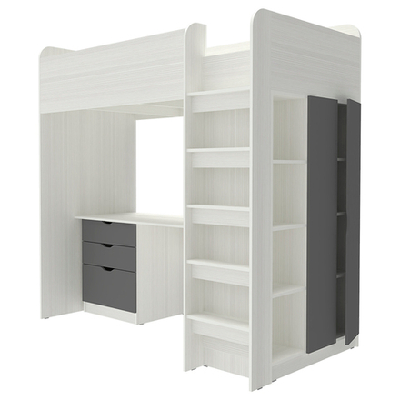 Кровать-чердак КарИВи Polini Simple с письменным столом и Шкаф КарИВиом Белое Дерево Темно-серый