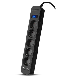 Сетевой фильтр SVEN Фильтр SF-05LU 1,8 м (5 евро розеток,2*USB(2.4А)), черный, цветная коробка [SV-018832]