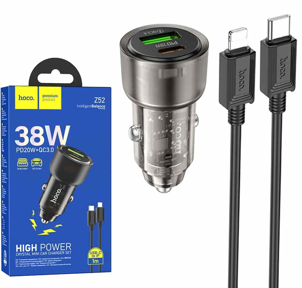 Автомобильный адаптер питания HOCO Z52 QC 3.0+PD 38W + кабель Lightning-Type C (черный)