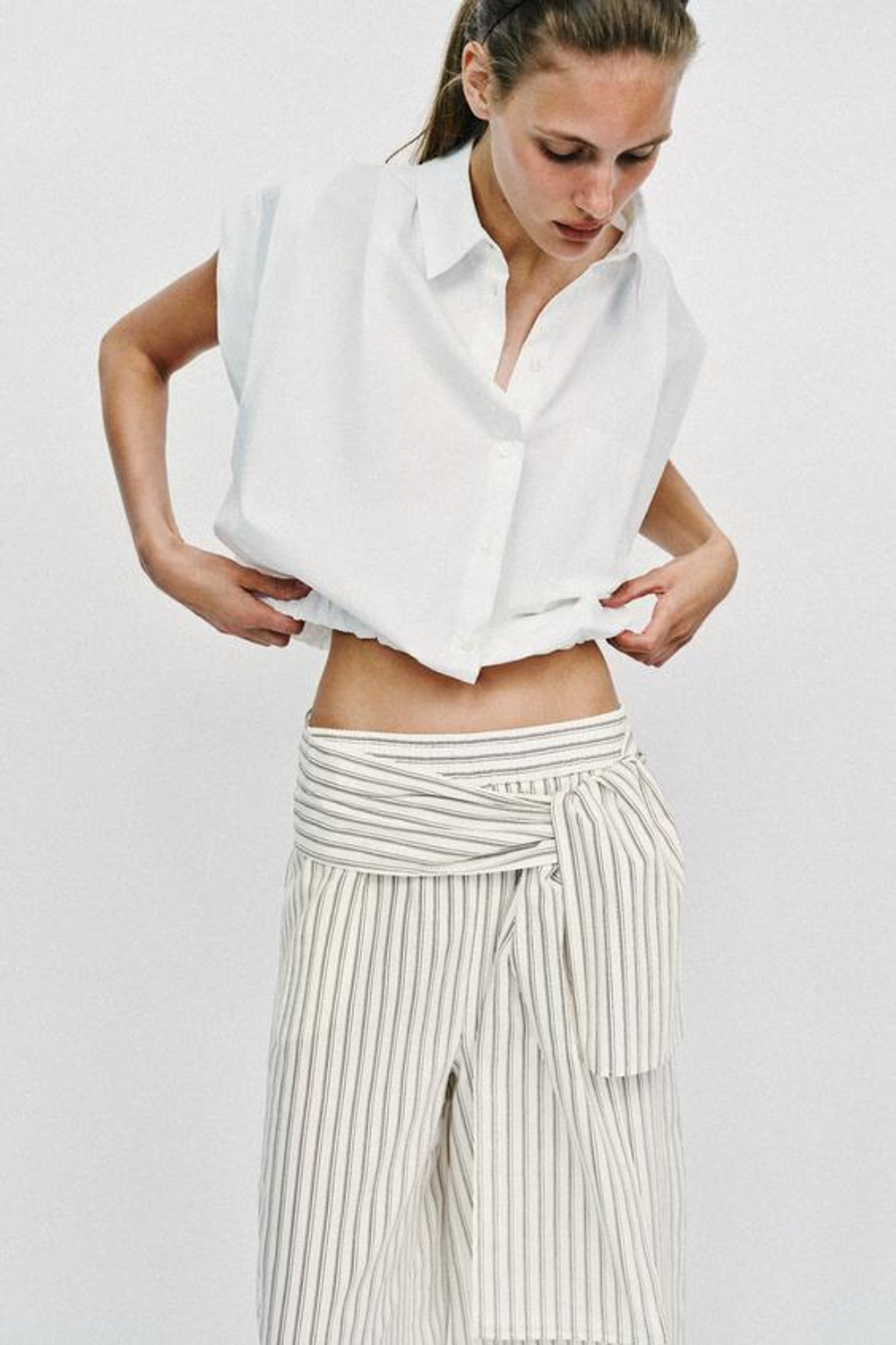 ZARA ШИРОКИЕ БРЮКИ В ПОЛОСКУ С ПЛАТКОМ, ЭКРЮ/КОРИЧНЕВЫЙ