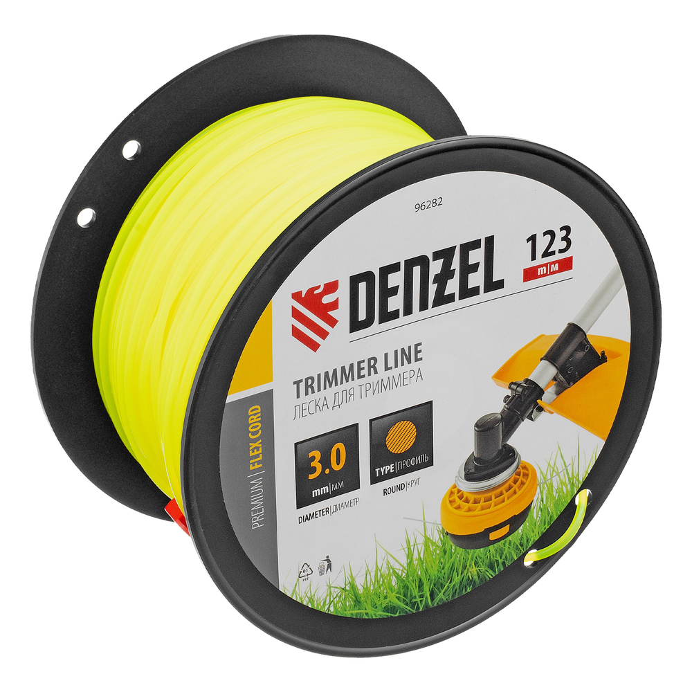 Леска для триммера круглая, 3,0мм х 123м, на DIN катушке FLEX CORD,  Denzel