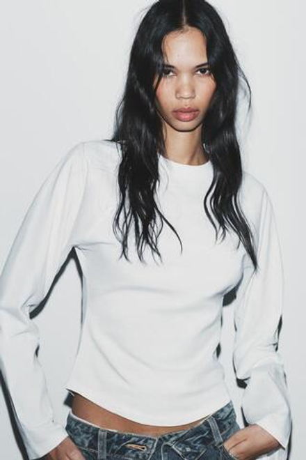 ZARA ФУТБОЛКА РЕГЛАН С ДЛИННЫМИ РУКАВАМИ, БЕЛЫЙ