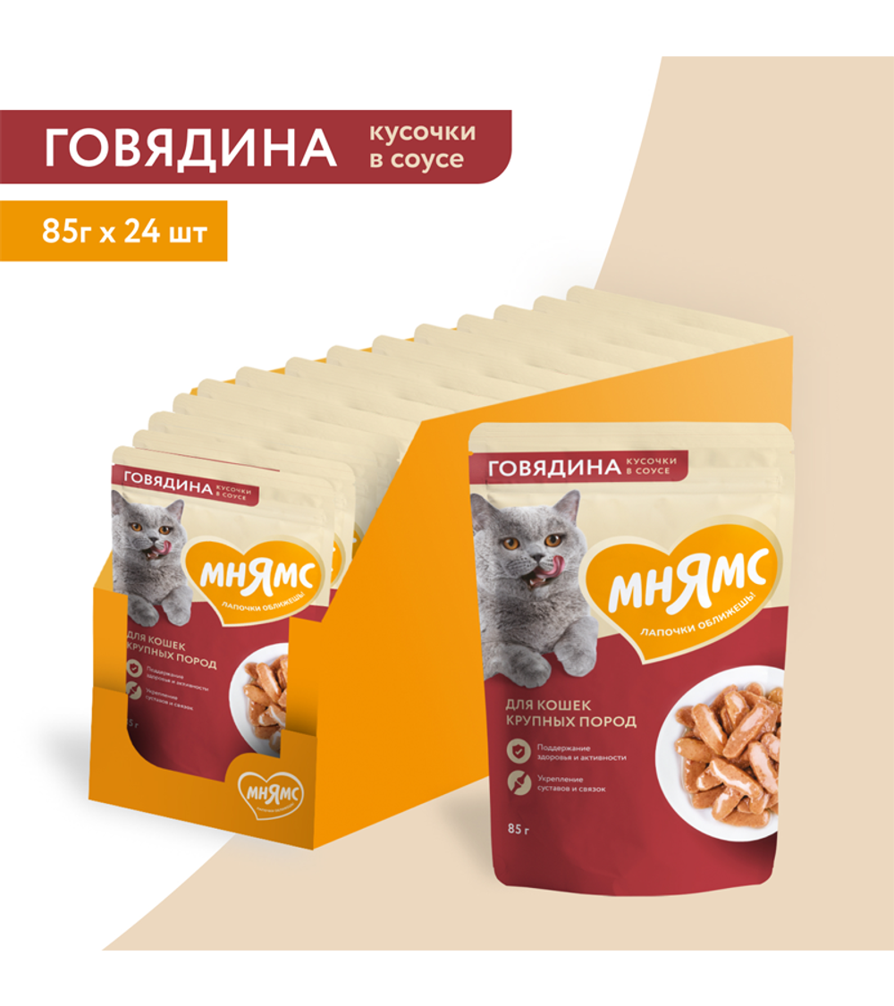 Мнямс Кусочки в соусе Говядина для крупных кошек 85гр./24шт.
