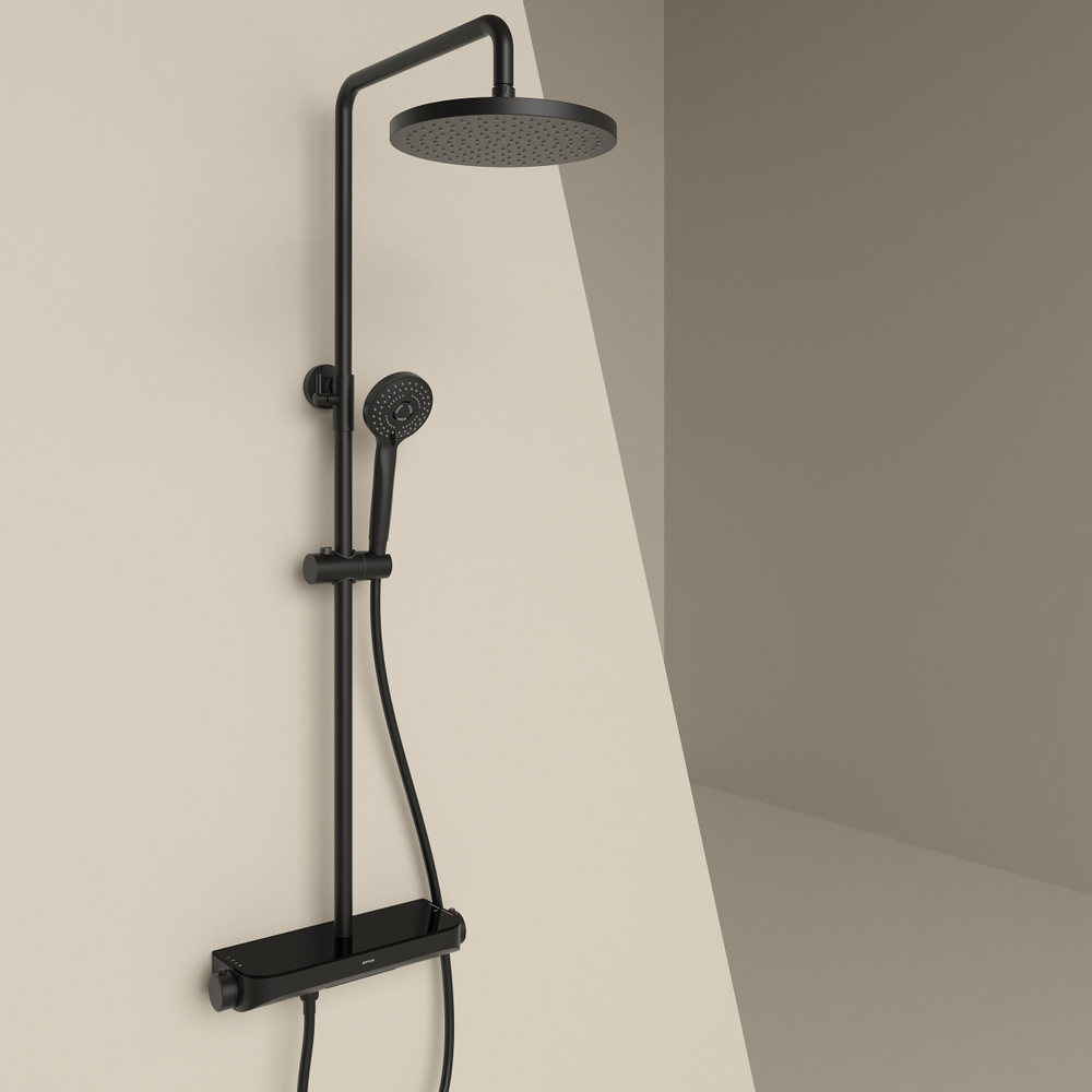 Душевая стойка Sancos Teo с термостатом, изливом и полкой, черный матовый, SC11002MB