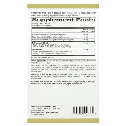 California Gold Nutrition, Rexdrive™, растительная добавка для мужчин, с экстрактами женьшеня обыкновенного, чёрного имбиря, горянки и растительными смесями, 30 растительных капсул