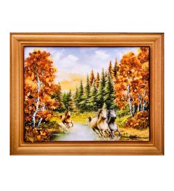 AMB-74/58 Картина «Лошади» (с янтарной крошкой) дер.краш.рамка 12х15