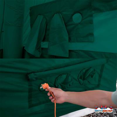 Пневмокаркасная всесезонная палатка «Тёплая Искра» 3,6×4,8×2,2 м — с печкой, из ПВХ, зелёная