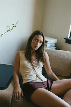 ZARA ТРИКОТАЖНЫЙ ТОП С КОНТРАСТНОЙ ОТДЕЛКОЙ, БЕЖЕВЫЙ