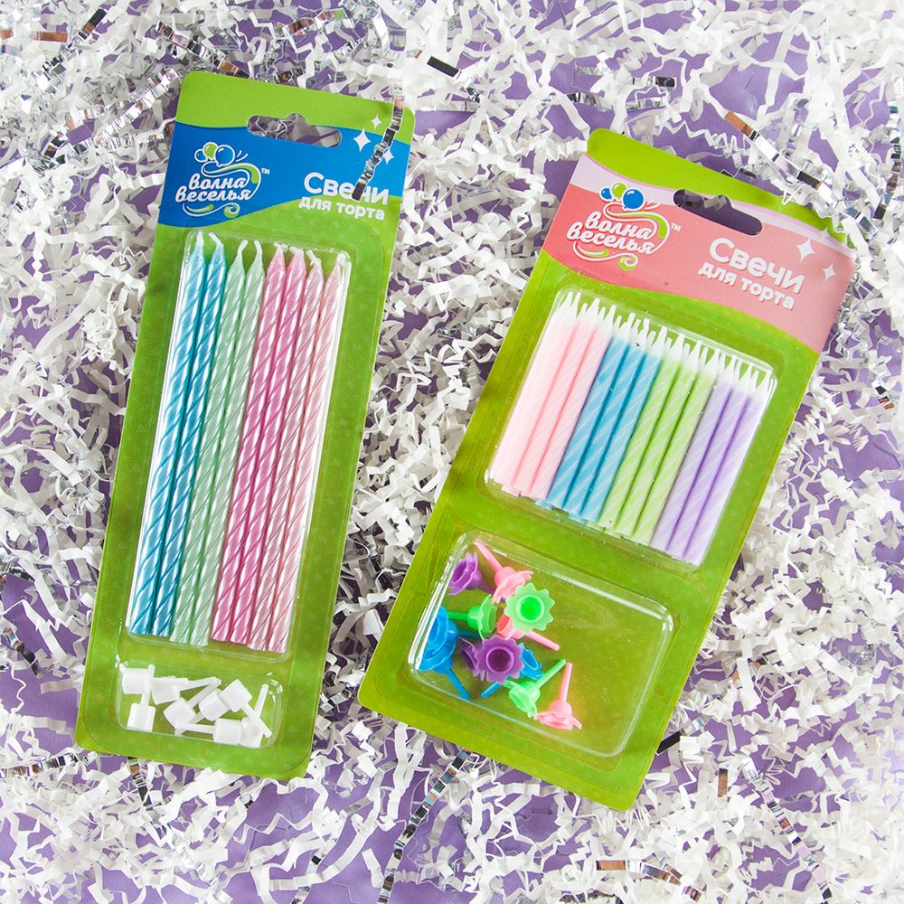 Свечи Спирали, Ассорти, Макарунс, 0,6*6 см, 24 шт. с держат.