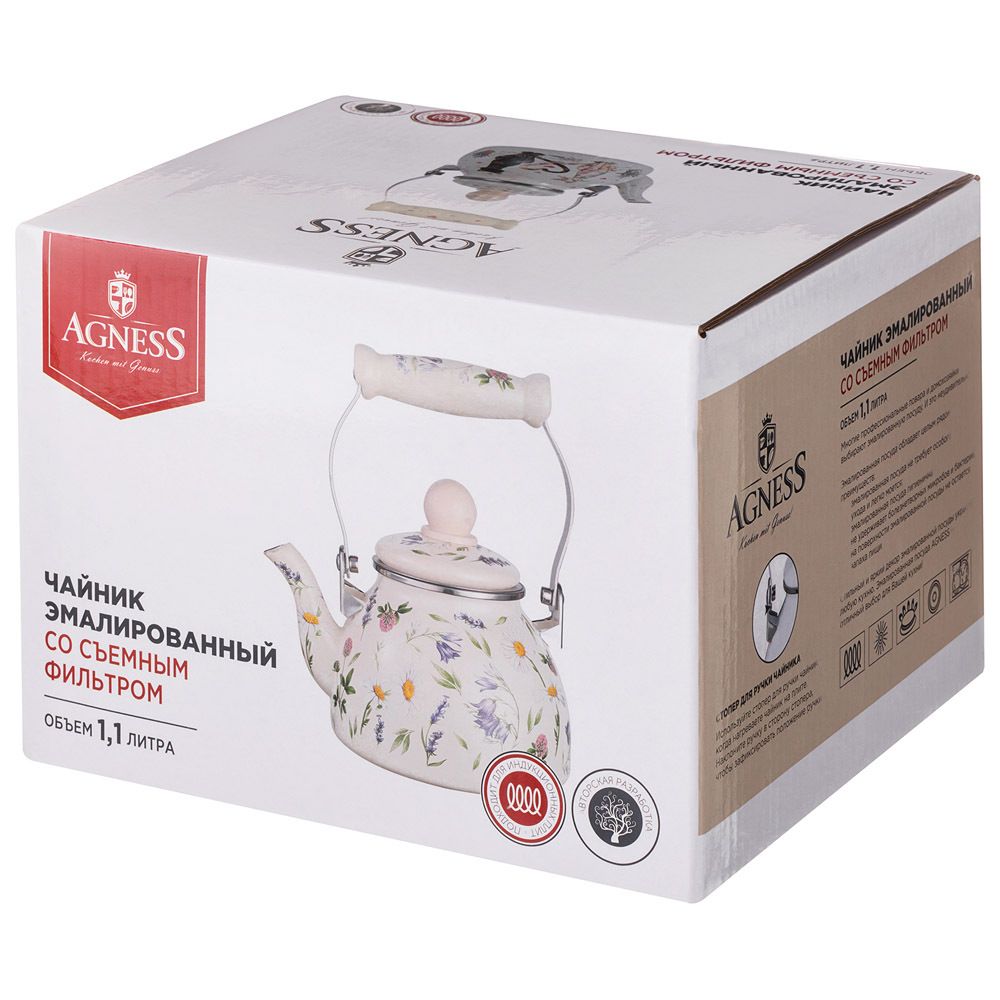ЧАЙНИК AGNESS ЭМАЛИРОВАННЫЙ СО СЪЕМНЫМ ФИЛЬТРОМ ИЗ НЖС СЕРИЯ "FLOWER STORY", 1,1 Л