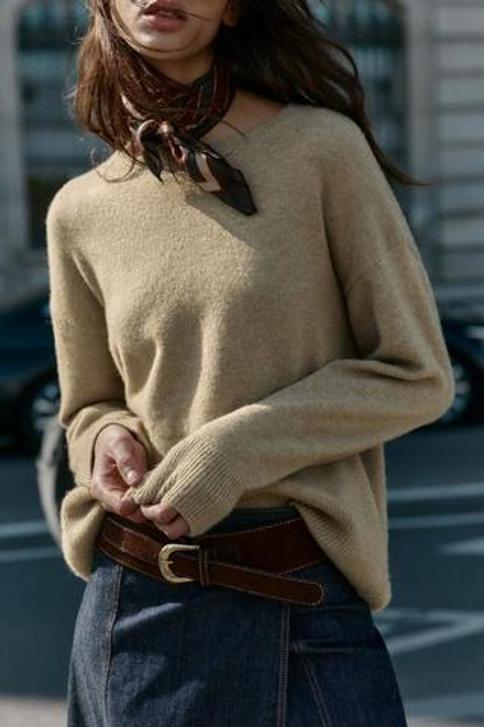 ZARA ОДНОТОННЫЙ СВИТЕР ИЗ СМЕСОВОЙ ШЕРСТИ, РЫЖЕВАТО-КОРИЧНЕВЫЙ