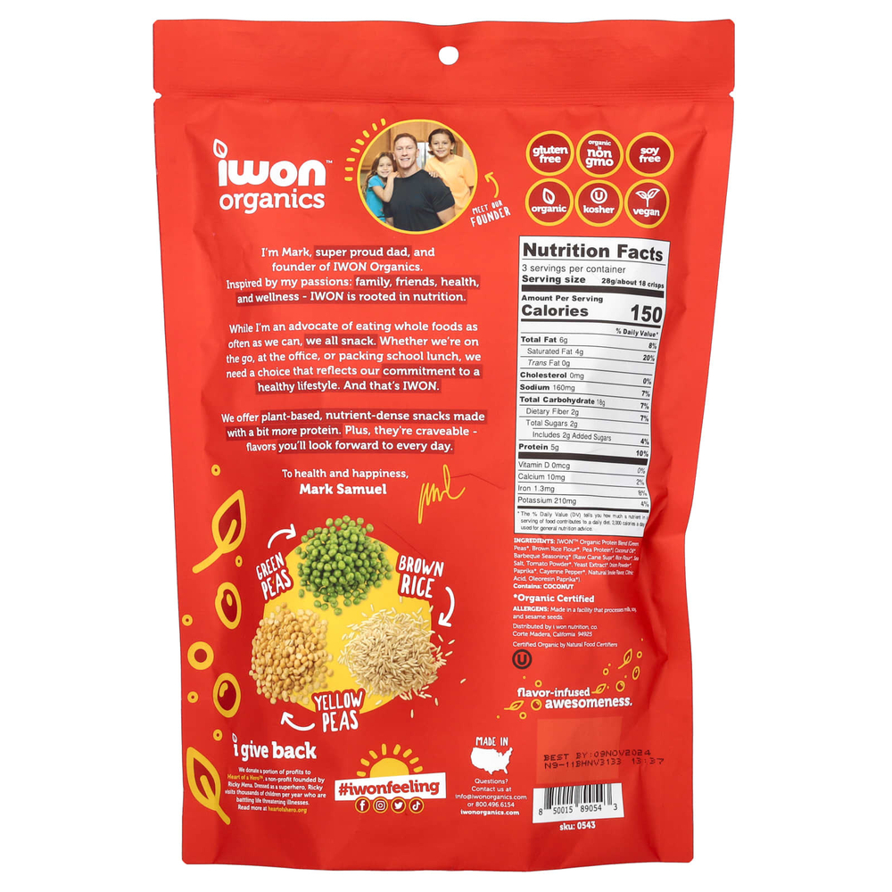 IWON Organics, Протеиновые чипсы, барбекю, 85 г (3 унции)