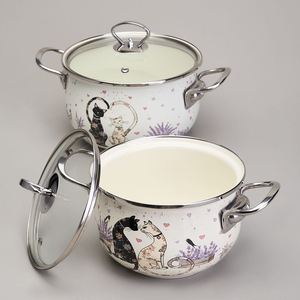 НАБОР КАСТРЮЛЬ ЭМАЛИРОВАННЫЙ, СЕРИЯ "LAVENDER CATS" 4ПР. 2,0/2,8Л ДИА.18/20СМ