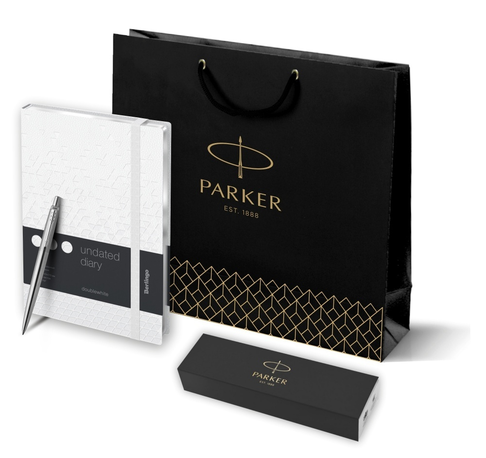 Подарочный набор:  Шариковая ручка Parker Jotter Essential, St. Steel СT и Ежедневник недатированный серебряный срез, белый.