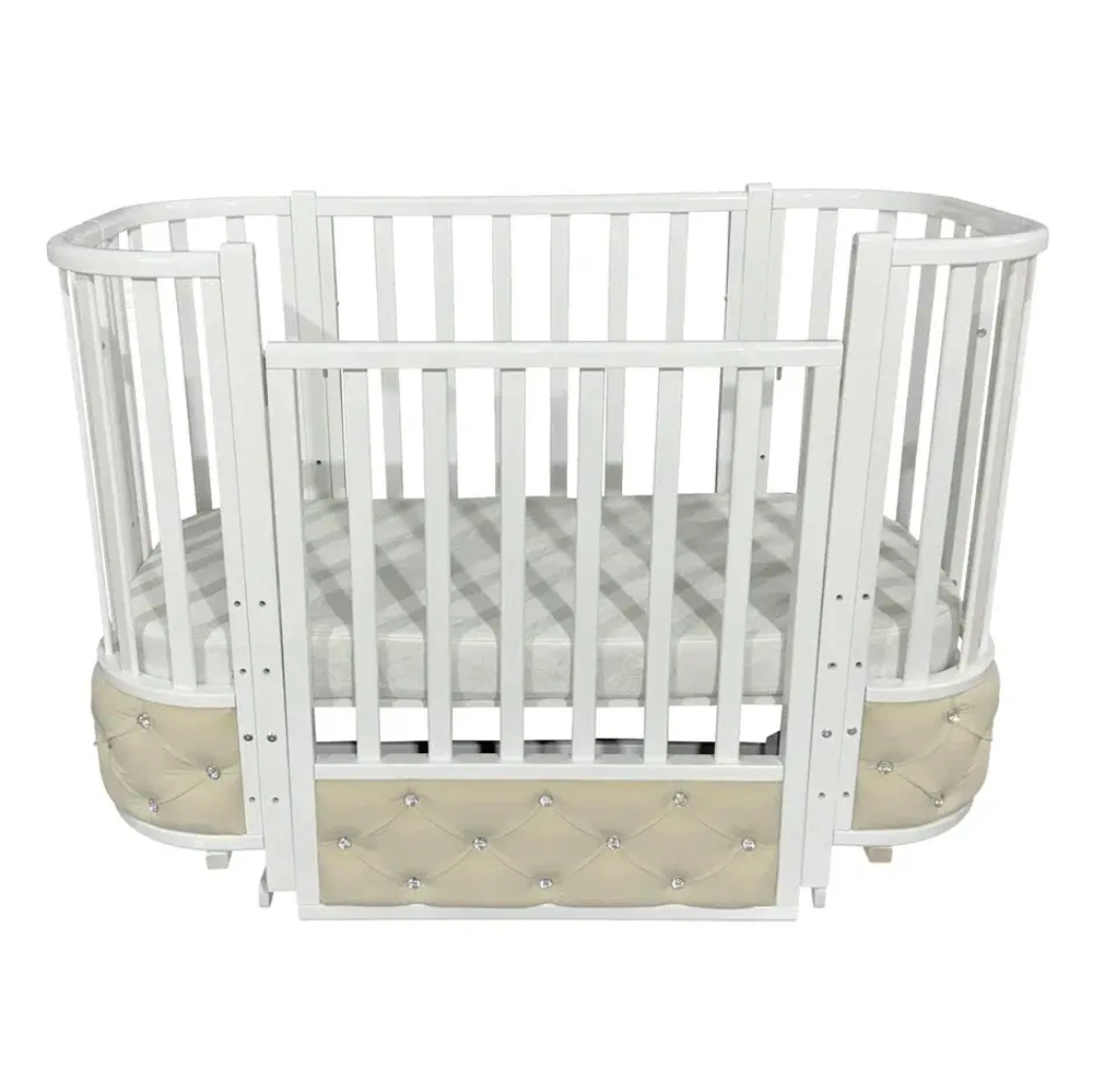 Детская кроватка ESENIA 2 с мягкой вставкой велюр (поперечный маятник, съемная стенка, колеса)