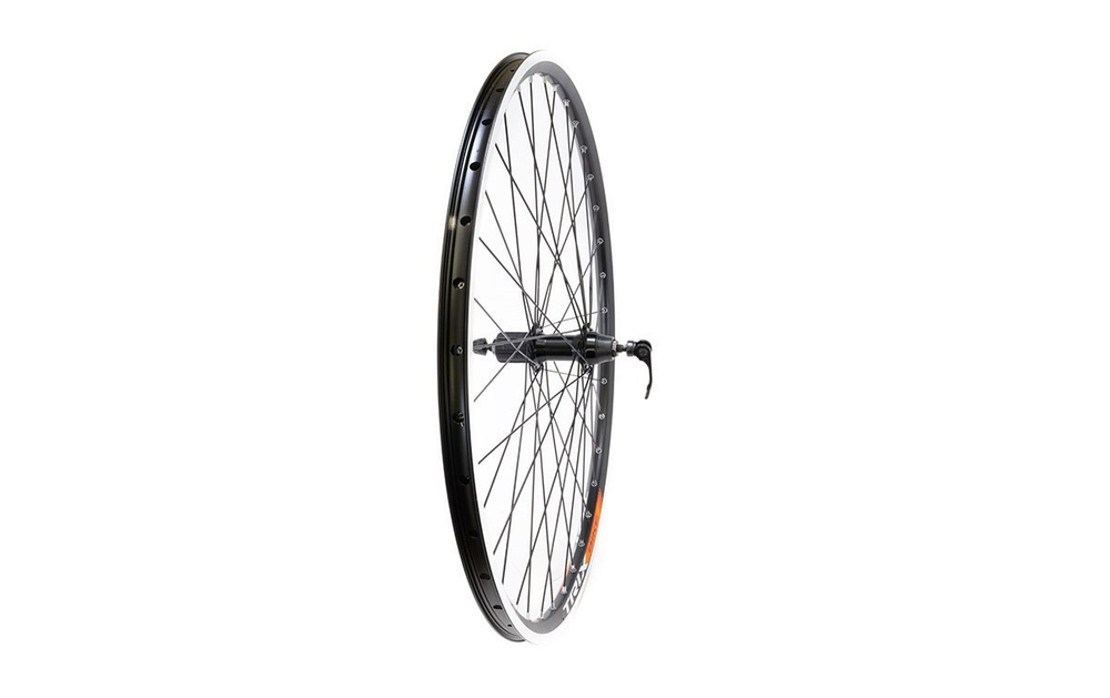 Колесо заднее 27.5" TRIX, профиль алюминиевый, двойной, 36H, пистонированный, фрезерованный, 584х19,4/25х21,4мм, A/V, анодированный, черный, втулка алюминиевая, V-br, под кассету 8-10 скоростей, эксцентрик, черная, спица черная