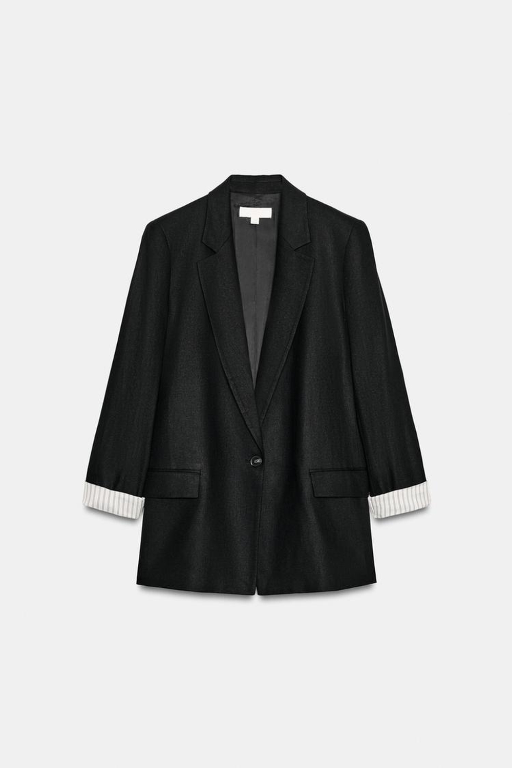 ZARA БЛЕЙЗЕР ИЗ СМЕСОВОГО ЛЬНА С ПОДВЕРНУТЫМИ РУКАВАМИ, ЧЕРНЫЙ