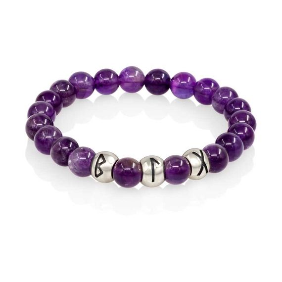 Браслет Поток любви из натурального аметиста с рунами Беркана, Лагуз, Гебо из серебра 925, вид 1