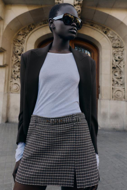 ZARA ЮБКА-ШОРТЫ «ГУСИНАЯ ЛАПКА» С РЕМНЕМ, СЕРЫЙ/НЕЖНО-КОРИЧНЕВЫЙ