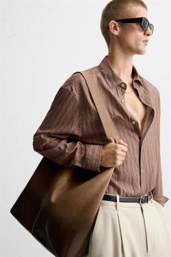 ZARA ЛАКИРОВАННАЯ КОЖАНАЯ СУМКА-ШОПЕР, ПЕСОЧНО-КОРИЧНЕВЫЙ