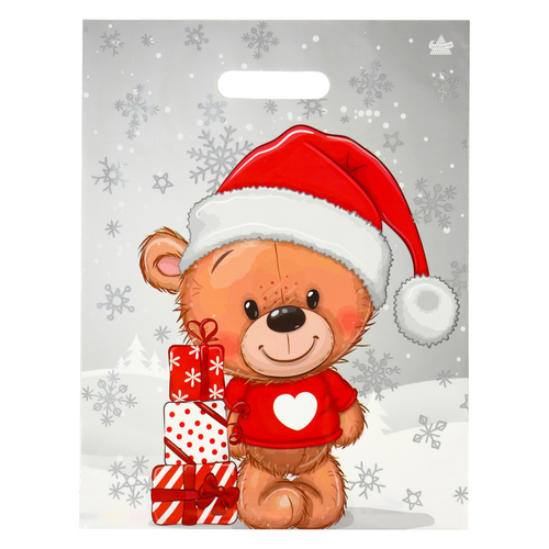 Пакет с вырубной ручкой НГ ГЛЯНЕЦ 31*40см 60мк Мишка с подарками (50шт/уп)