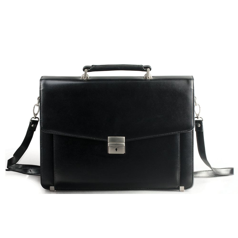 Портфель из натуральной кожи, 38,5х28х11 см, 2 отделения, замок с ключом, черный