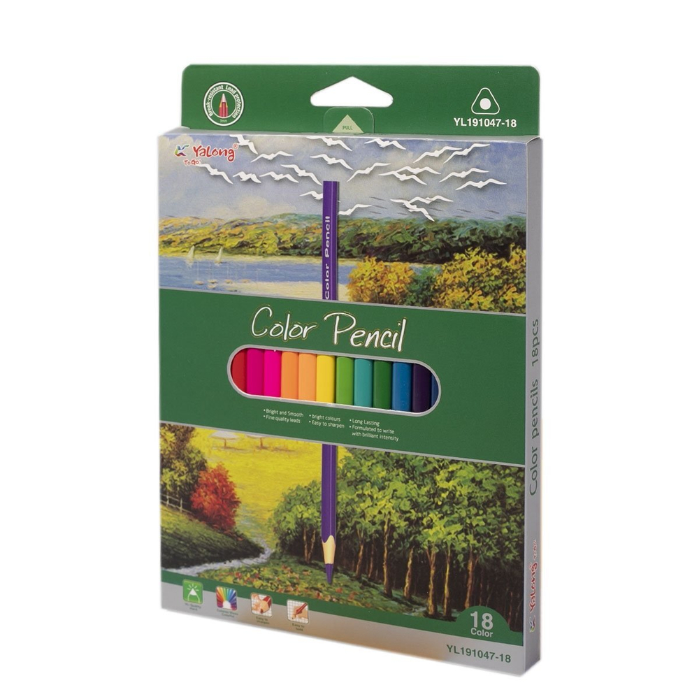 Карандаши цветные Yalong 18 цв., "Пейзаж" деревянные, трехгранные, заточенные, грифель 3.0 мм, картон. уп., европодвес