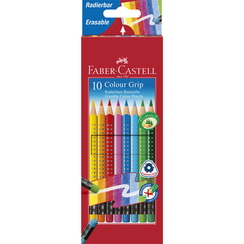 Rəngli karandaş \ Цветные карандаши  Набор стираемых цветных карандашей Faber-Castell Colour GRIP — 10 разных цветов, с ластиком, в картонном футляре.