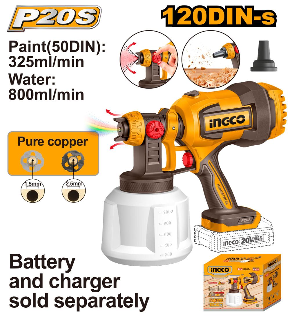 Аккумуляторный краскопульт 20В без АКБ и ЗУ INGCO CSGLI2004 INDUSTRIAL