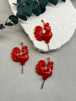 Подвеска "Петушок на палочке" ручной работы, позолота 14к, красный, 30*35 мм