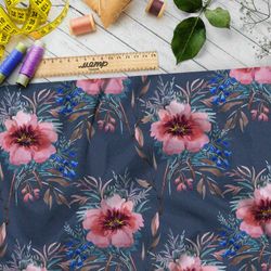 Ткань мембрана приглушённые розовые цветы на сером фоне