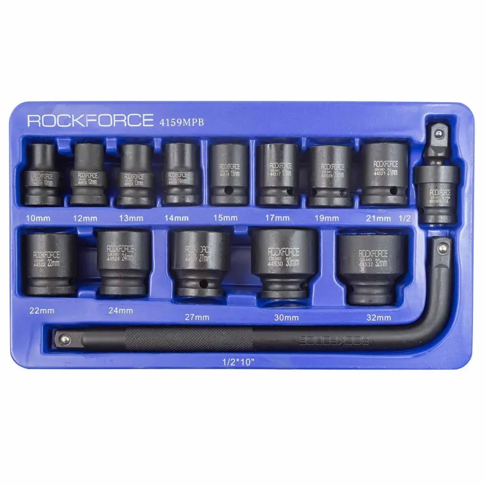 Набор головок ударных, 15пр. 1/2''6гр.(10,12,13,14,15,17,19,21,22,24,27,30,32мм.вороток Г-образный),в ложементе RockForce##Rock FORCE RF-4159MPB