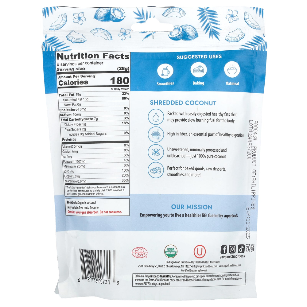Organic Traditions, Тертый кокос, 190 г (6,7 унции)