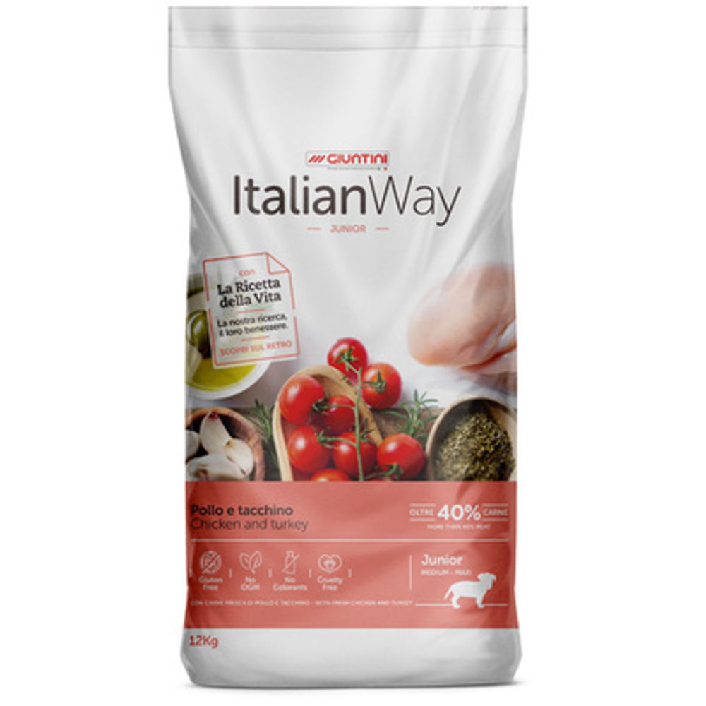 Italian Way  корм для щенков средних и крупных пород со свежей курицей и индейкой (ITALIAN WAY JUNIOR MED/MAXI CHICKEN/TURKEY) 12 кг