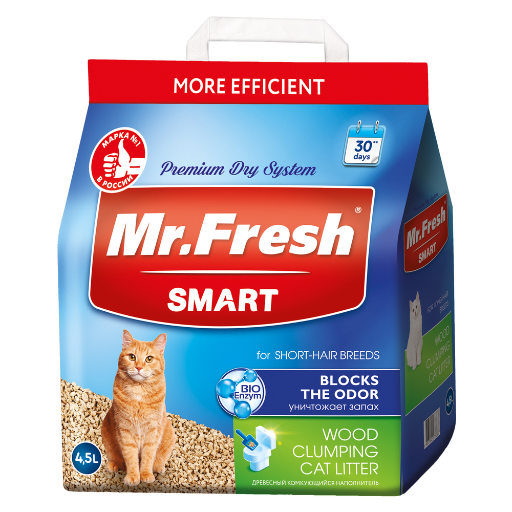 MR.FRESH SMART Наполнитель древесный комкующийся для короткошерстных кошек, 4,5 л