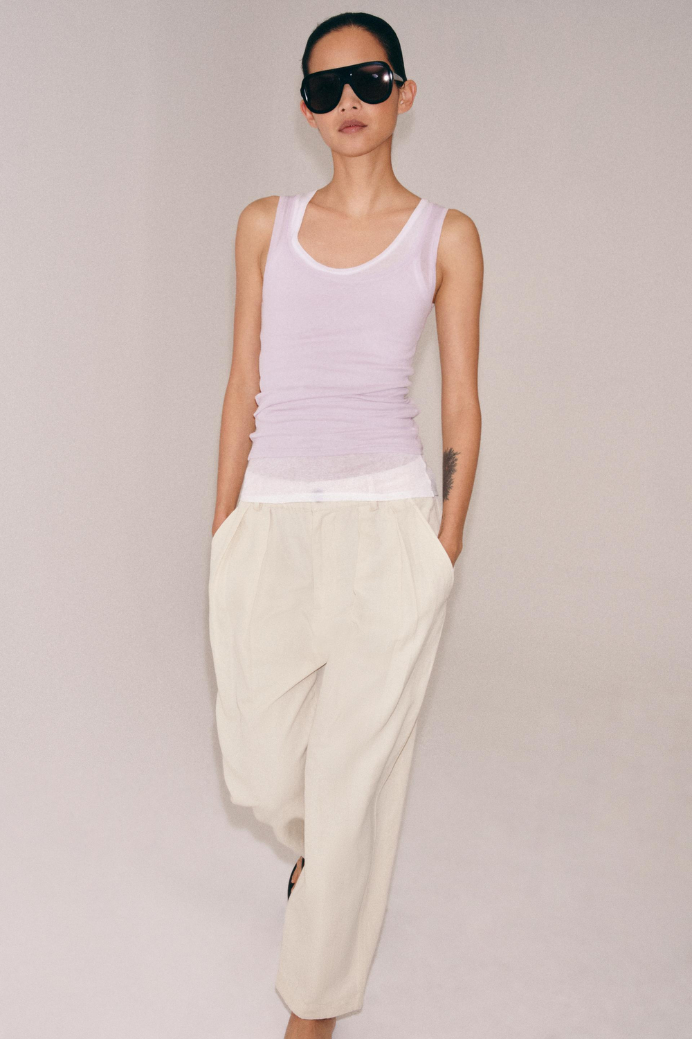 ZARA СВОБОДНАЯ МАЙКА НА БРЕТЕЛЯХ, ТОП ИЗ ХЛОПКА БЕЗ РУКАВОВ, СИРЕНЕВЫЙ