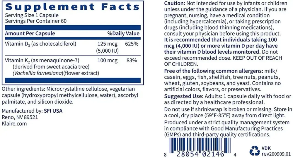 Klaire Labs - Vitamin D plus K 60 capsules