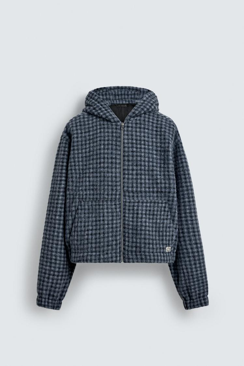 ZARA КУРТКА-РУБАШКА В КЛЕТКУ С ВЫШИВКОЙ И КАПЮШОНОМ, СИНИЙ/ЧЕРНЫЙ