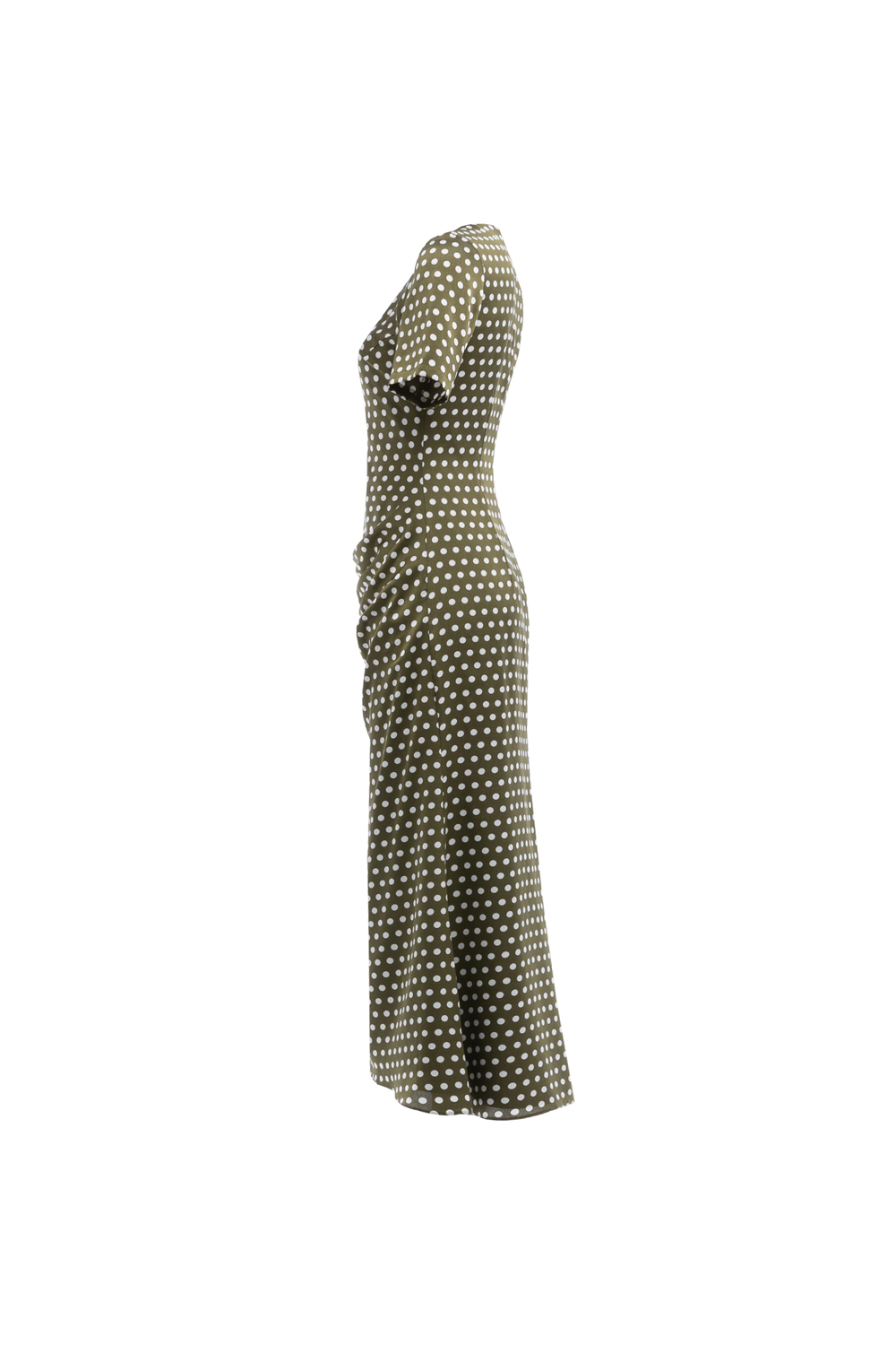 09-01-25 SS Платье с декоративными складками на уровне талии оливковое в "горох"