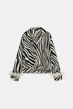 ZARA РУБАШКА С АНИМАЛИСТИЧЕСКИМ ПРИНТОМ И ПЕРЬЯМИ, ЧЕРНЫЙ/ЭКРЮ
