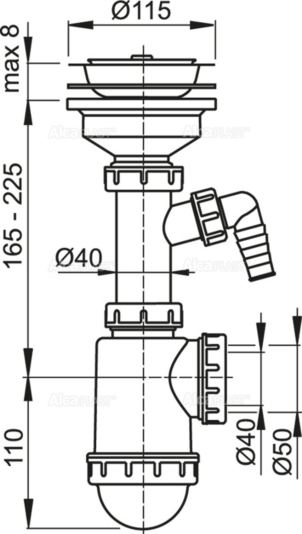 Сифон для мойки AlcaPlast A446P-DN50/40