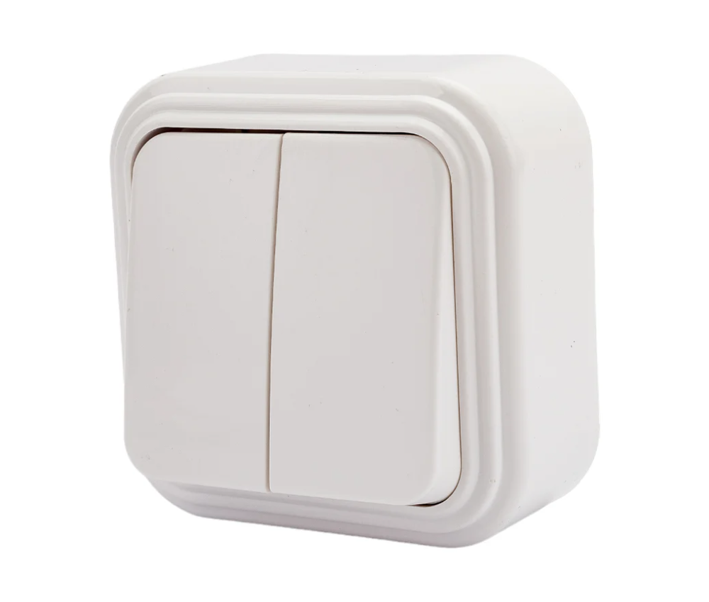 Двухклавишный выключатель STEKKER открытой установки, 250В 6А IP20 белый PSW06-22-20 VA 56-232-Б 32744