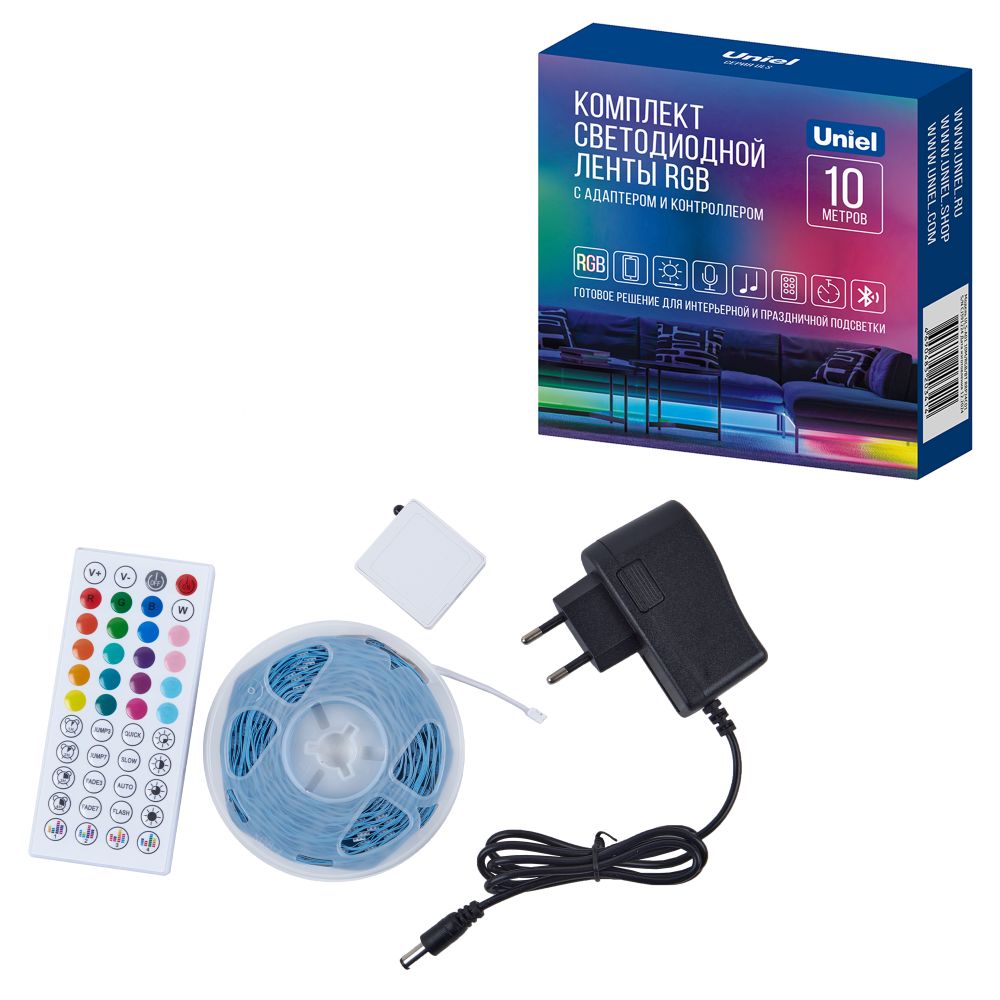 ULS-A01 10M-RGB-BT RRP24C01 Комплект светодиодной ленты c Bluetooth. 10м. RGB свет. Адаптер 24Вт. Контроллер с пультом в-к. TM Uniel