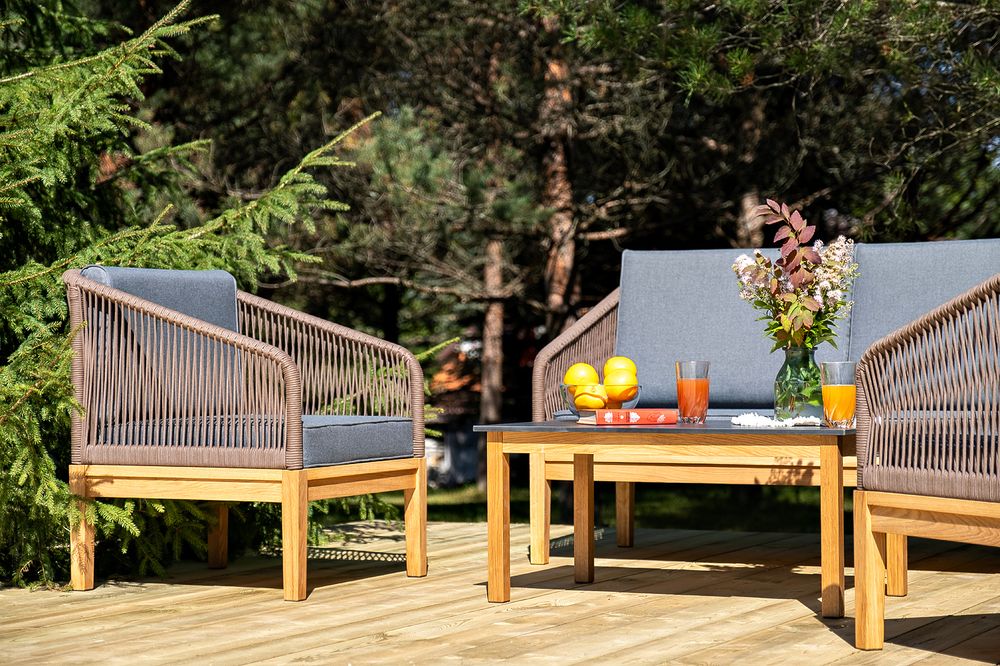 "Канны" лаунж-зона 4-местная из роупа со столиком "Канны" (серый гранит), основание дуб, роуп коричневый