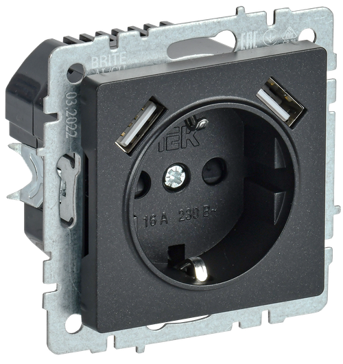 BRITE Розетка 1-местная с заземлением с защитными шторками 16А с USB A+A 5В 3,1А РЮш10-2-БрЧ черный IEK